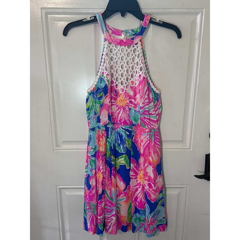 Lilly Pulitzer Pink Floral Kinley Dress Beckon Blue Jungle Utopia Crochet Size 0